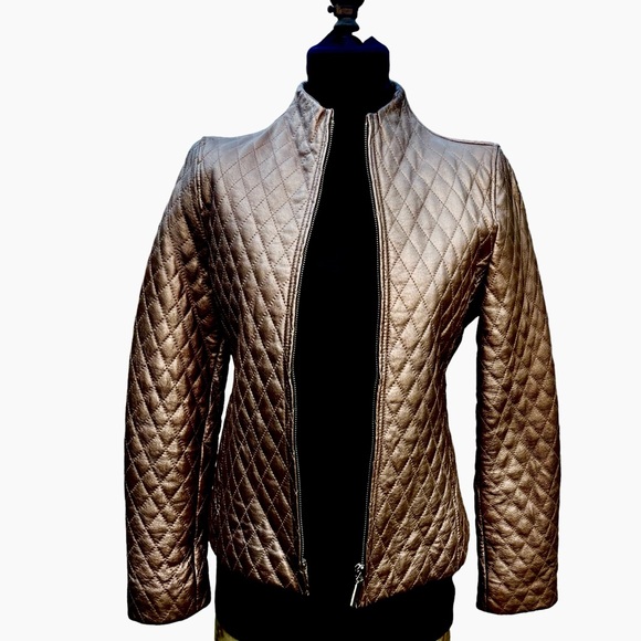 NEW Vintage 80s 90s Blushe Impressions Gold Quilted Leather Zipper Jacket w/belt - Picture 7 of 14